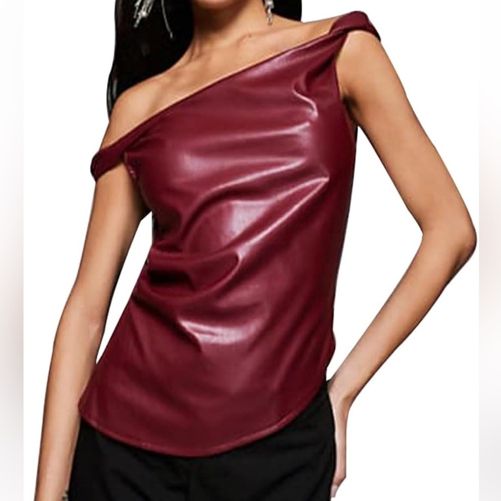Women’s Burgundy Faux Leather One Shoulder Cropped Sleeveless Blouse, Size Small